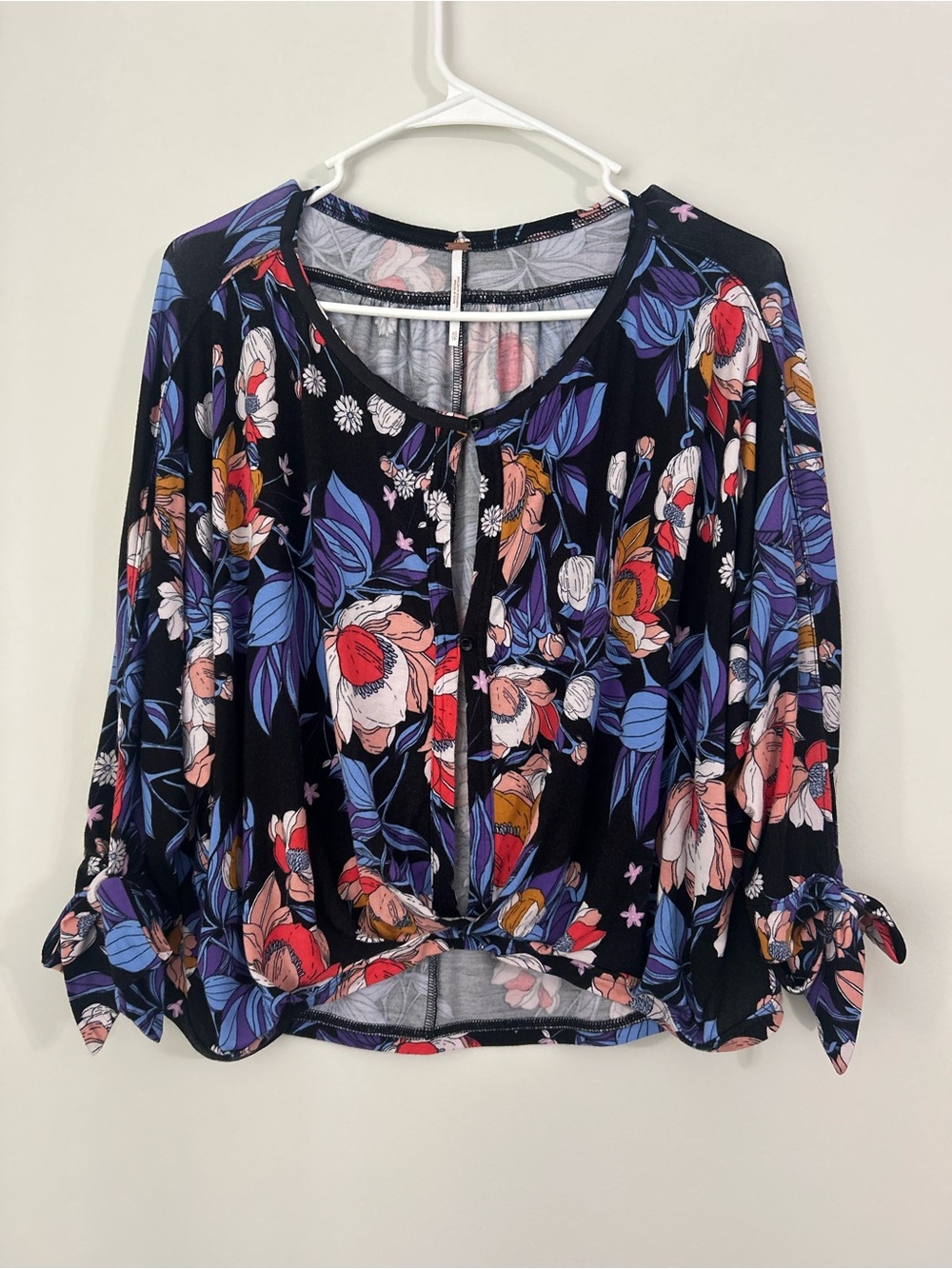 Free People Boho Blouse XS Black Blue Floral Tie Cuff Long Sleeve Button Front